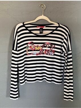 Vintage Coca Cola Black & White Striped Cropped Long Sleeve Ribbed Shirt Top